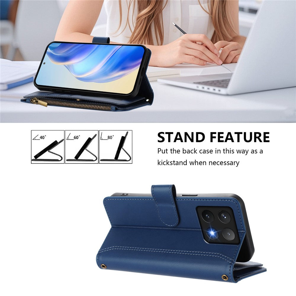 For Xiaomi 14T Leather Case 9 Card Slots Zipper Wallet Stand Phone Cover with Wrist Strap
