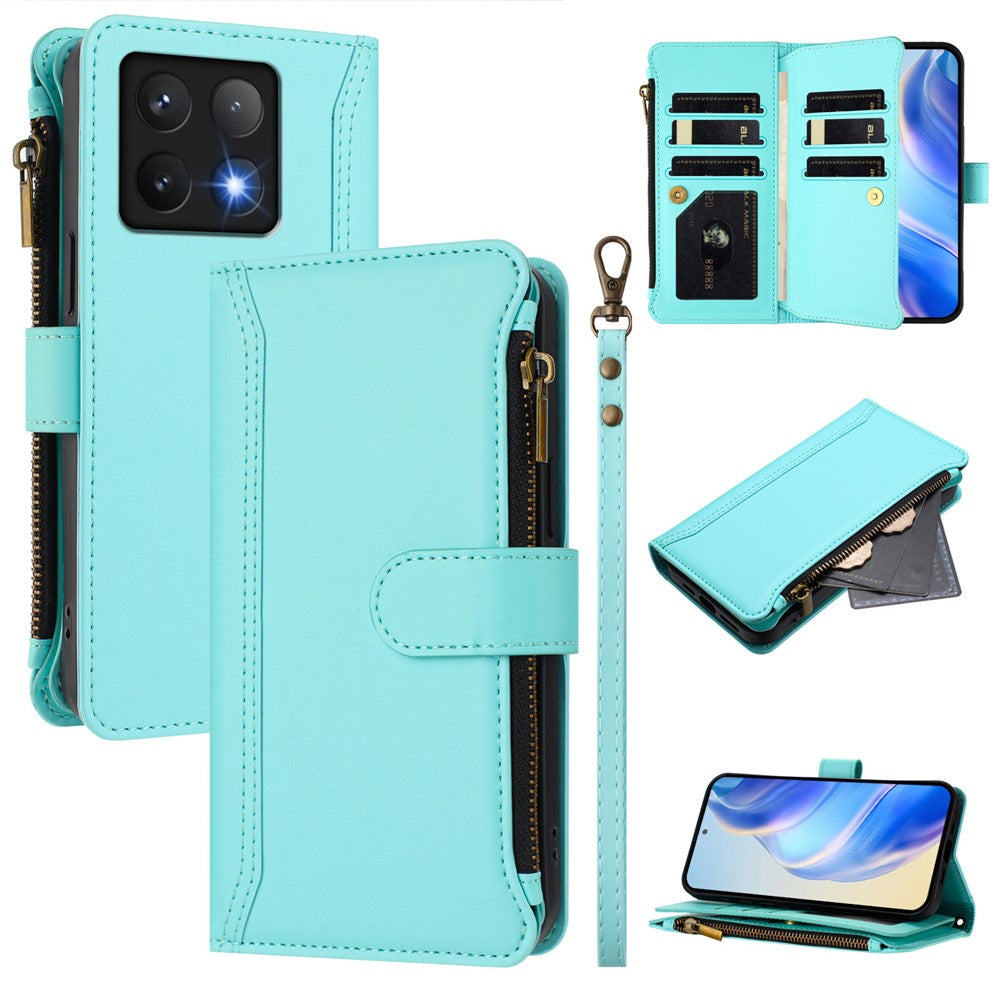 For Xiaomi 14T Leather Case 9 Card Slots Zipper Wallet Stand Phone Cover with Wrist Strap