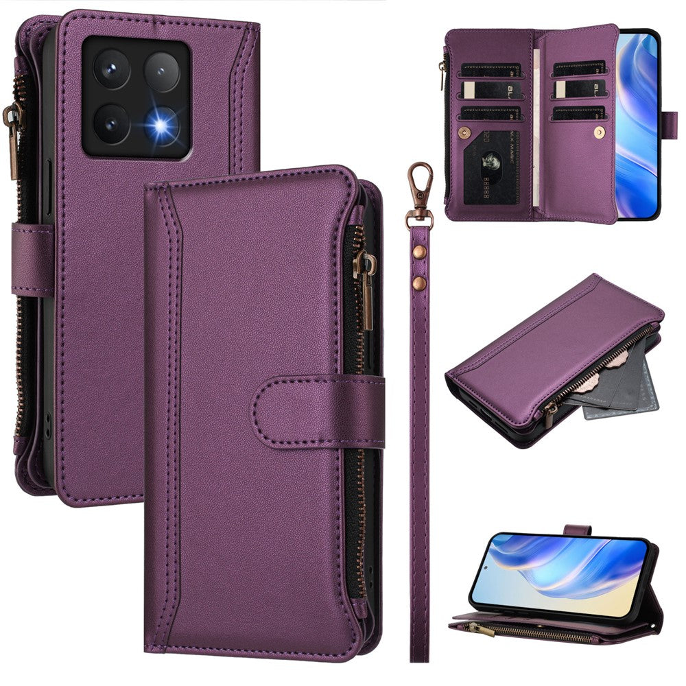 For Xiaomi 14T Leather Case 9 Card Slots Zipper Wallet Stand Phone Cover with Wrist Strap
