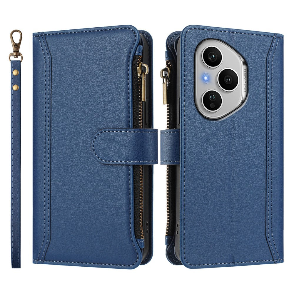 For Honor 400 Pro 5G (Global) Leather Case 9 Card Slots Zipper Wallet Stand Phone Cover with Wrist Strap