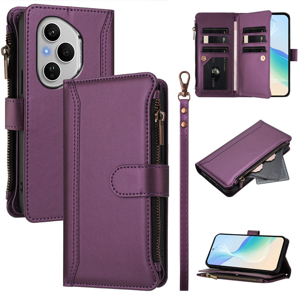 For Honor 400 Pro 5G (Global) Leather Case 9 Card Slots Zipper Wallet Stand Phone Cover with Wrist Strap