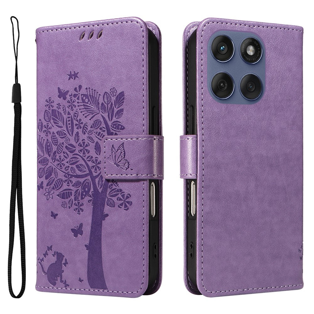Til Motorola Edge 60 Fusion 5G / Motorola Edge 60 5G / Motorola Edge (2025) 5G / Motorola Edge 60 Pro 5G telefoncover med stand, katte træ mønster, læderpung, mobilcover