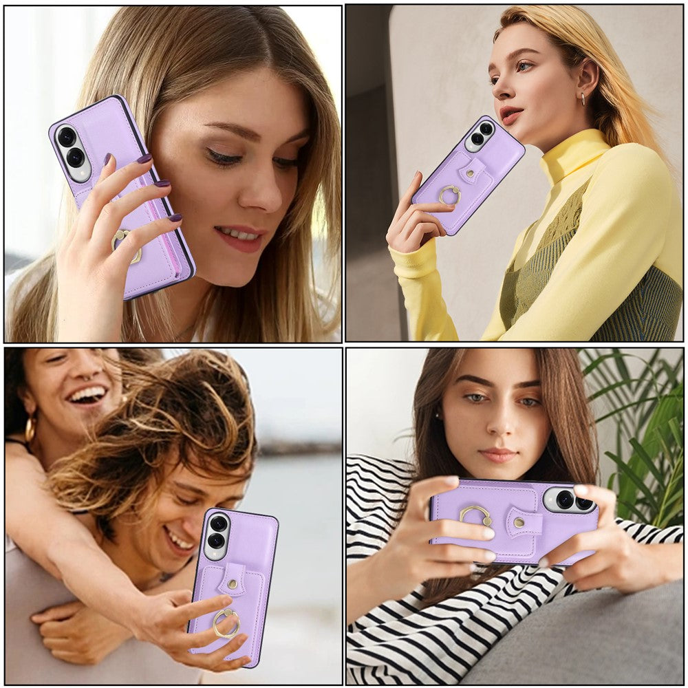 For Samsung Galaxy S25 Edge Case Card Holder Ring Kickstand TPU + PU Leather Phone Cover with Long Strap