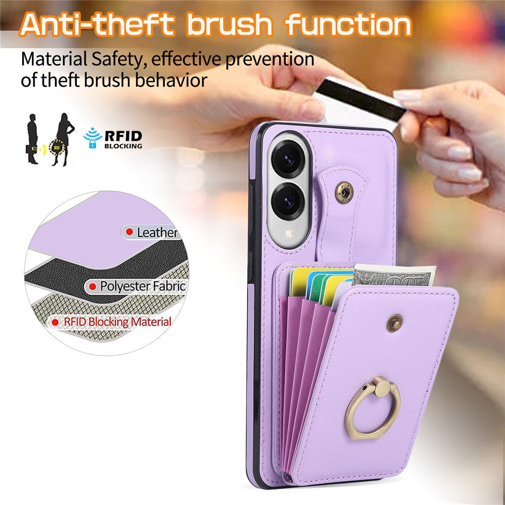 For Samsung Galaxy S25 Edge Case Card Holder Ring Kickstand TPU + PU Leather Phone Cover with Long Strap