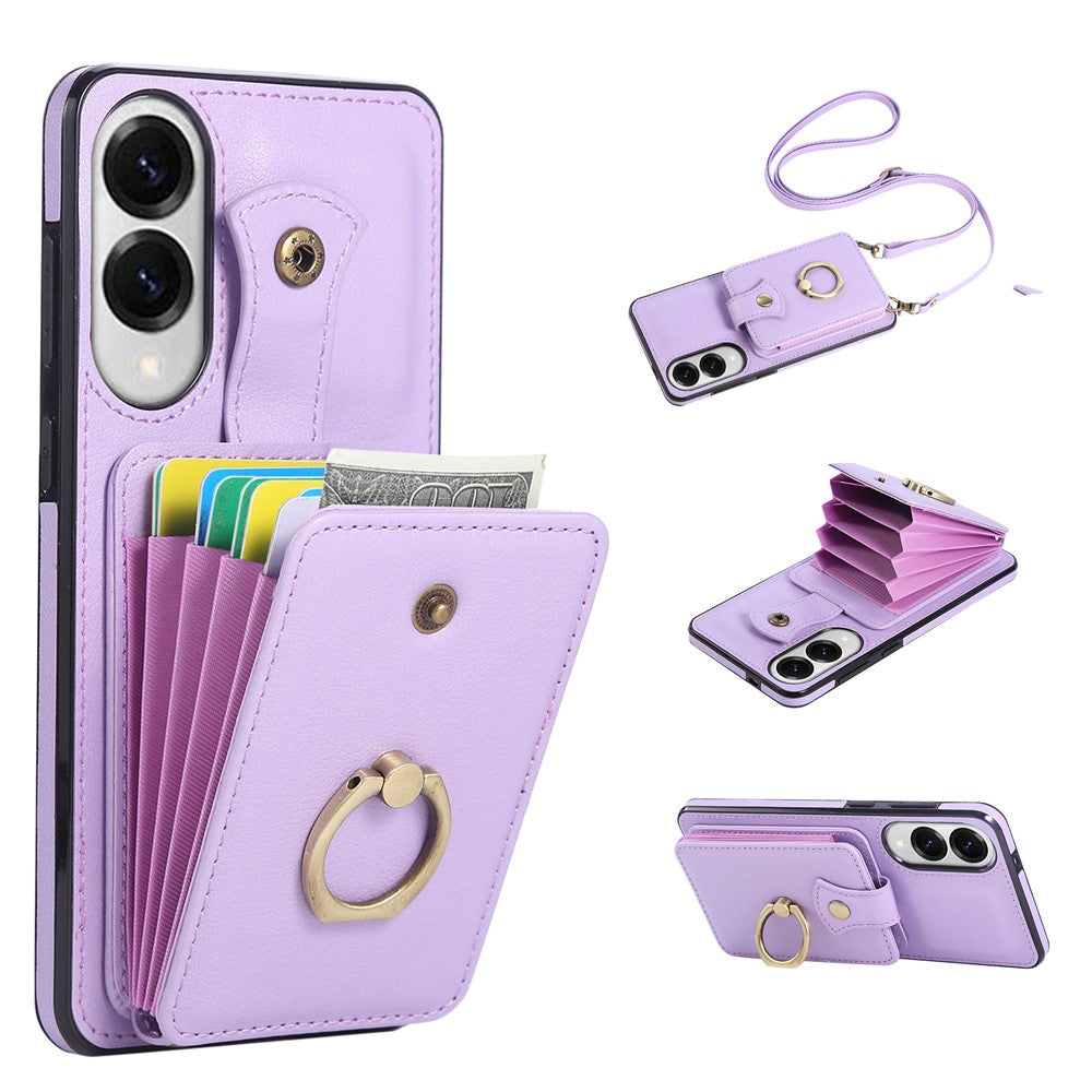 For Samsung Galaxy S25 Edge Case Card Holder Ring Kickstand TPU + PU Leather Phone Cover with Long Strap