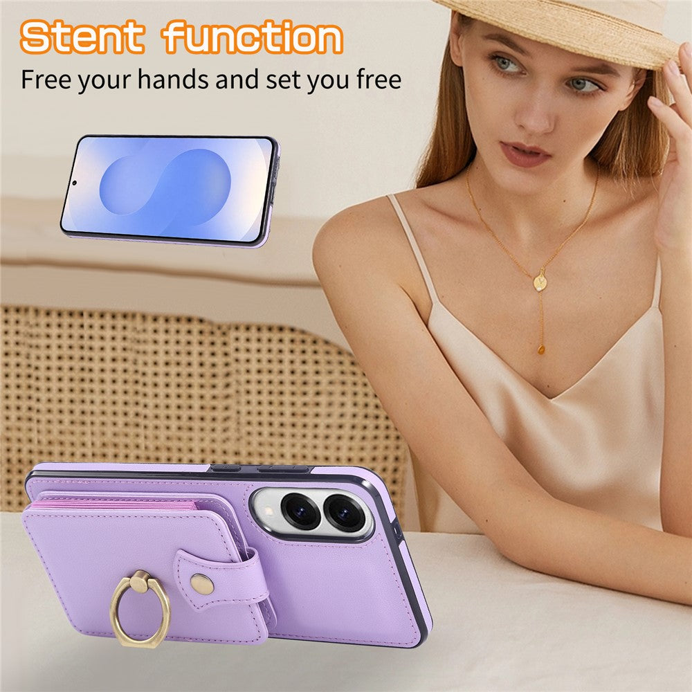 For Samsung Galaxy S25 Edge Case Card Holder Ring Kickstand TPU + PU Leather Phone Cover with Long Strap