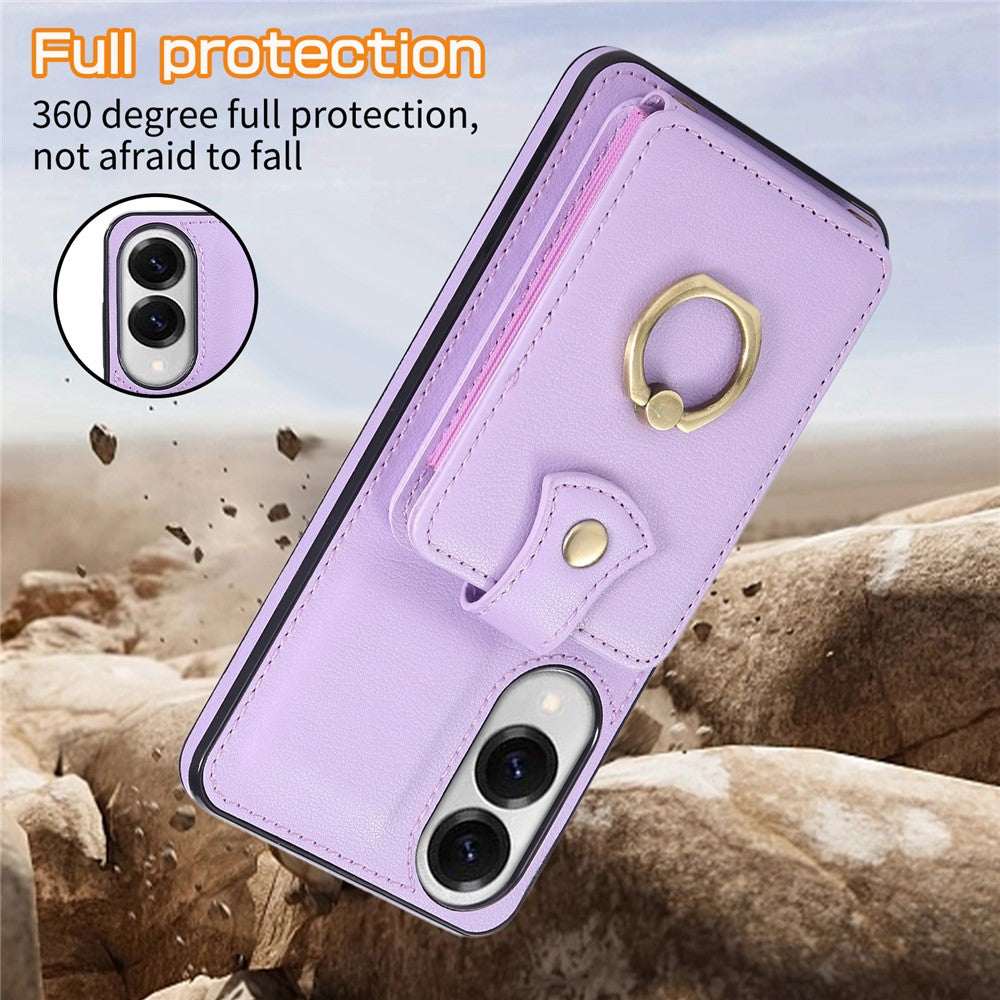 For Samsung Galaxy S25 Edge Case Card Holder Ring Kickstand TPU + PU Leather Phone Cover with Long Strap