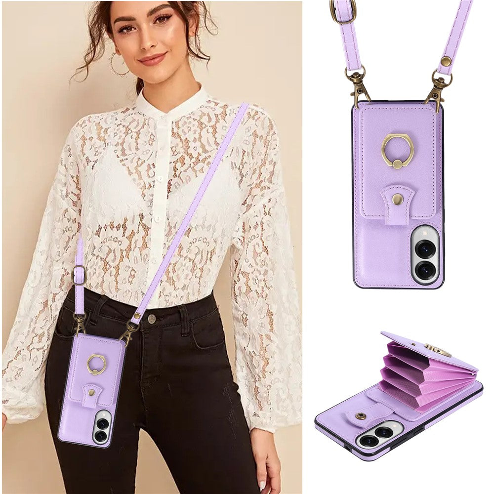 For Samsung Galaxy S25 Edge Case Card Holder Ring Kickstand TPU + PU Leather Phone Cover with Long Strap