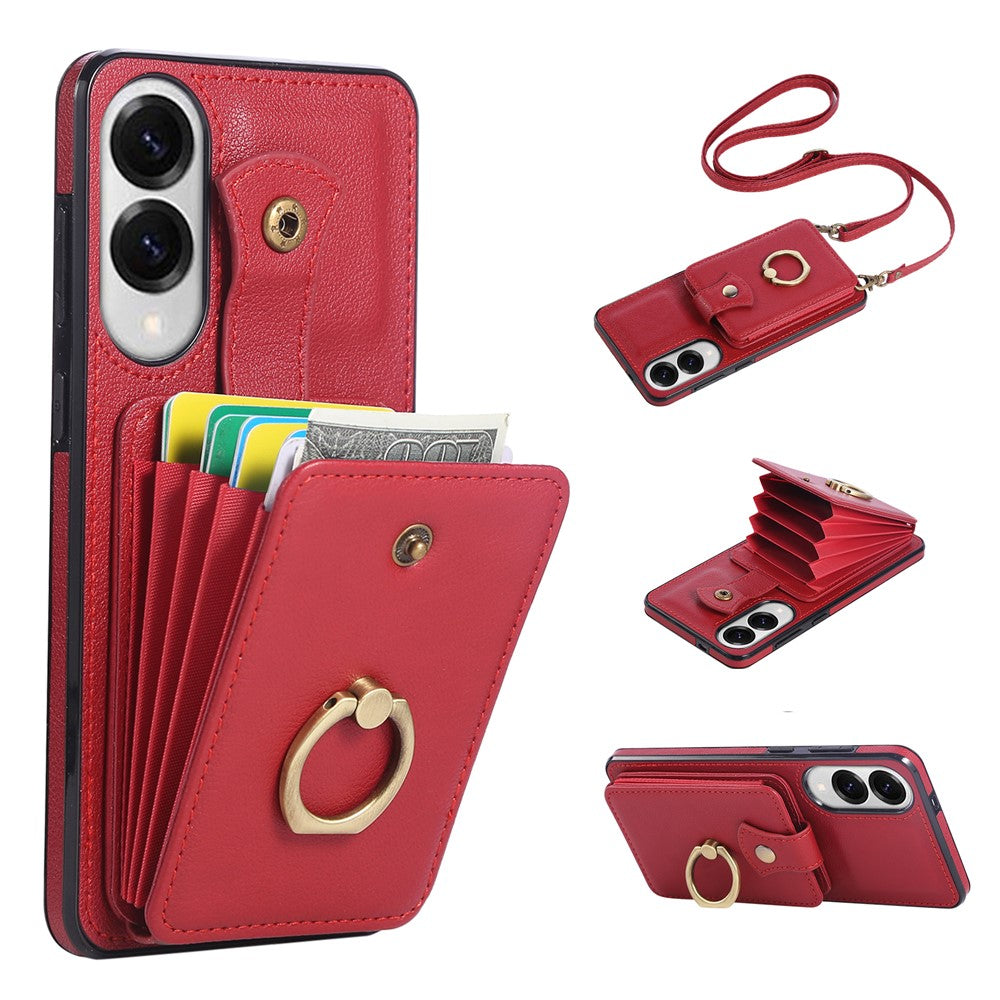 For Samsung Galaxy S25 Edge Case Card Holder Ring Kickstand TPU + PU Leather Phone Cover with Long Strap
