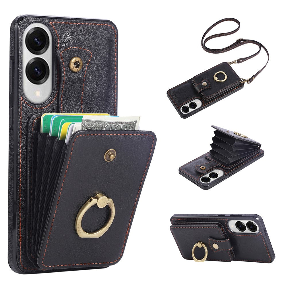 For Samsung Galaxy S25 Edge Case Card Holder Ring Kickstand TPU + PU Leather Phone Cover with Long Strap