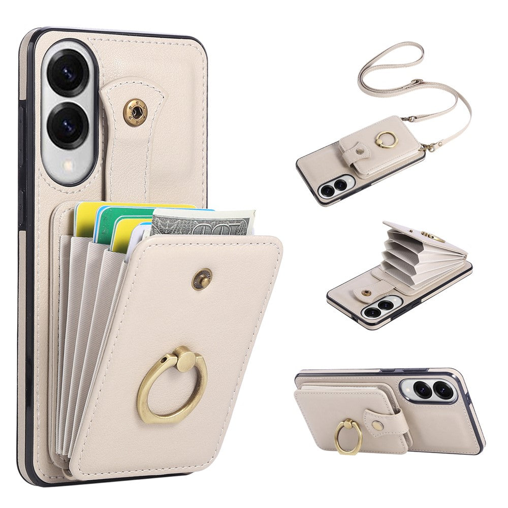 For Samsung Galaxy S25 Edge Case Card Holder Ring Kickstand TPU + PU Leather Phone Cover with Long Strap