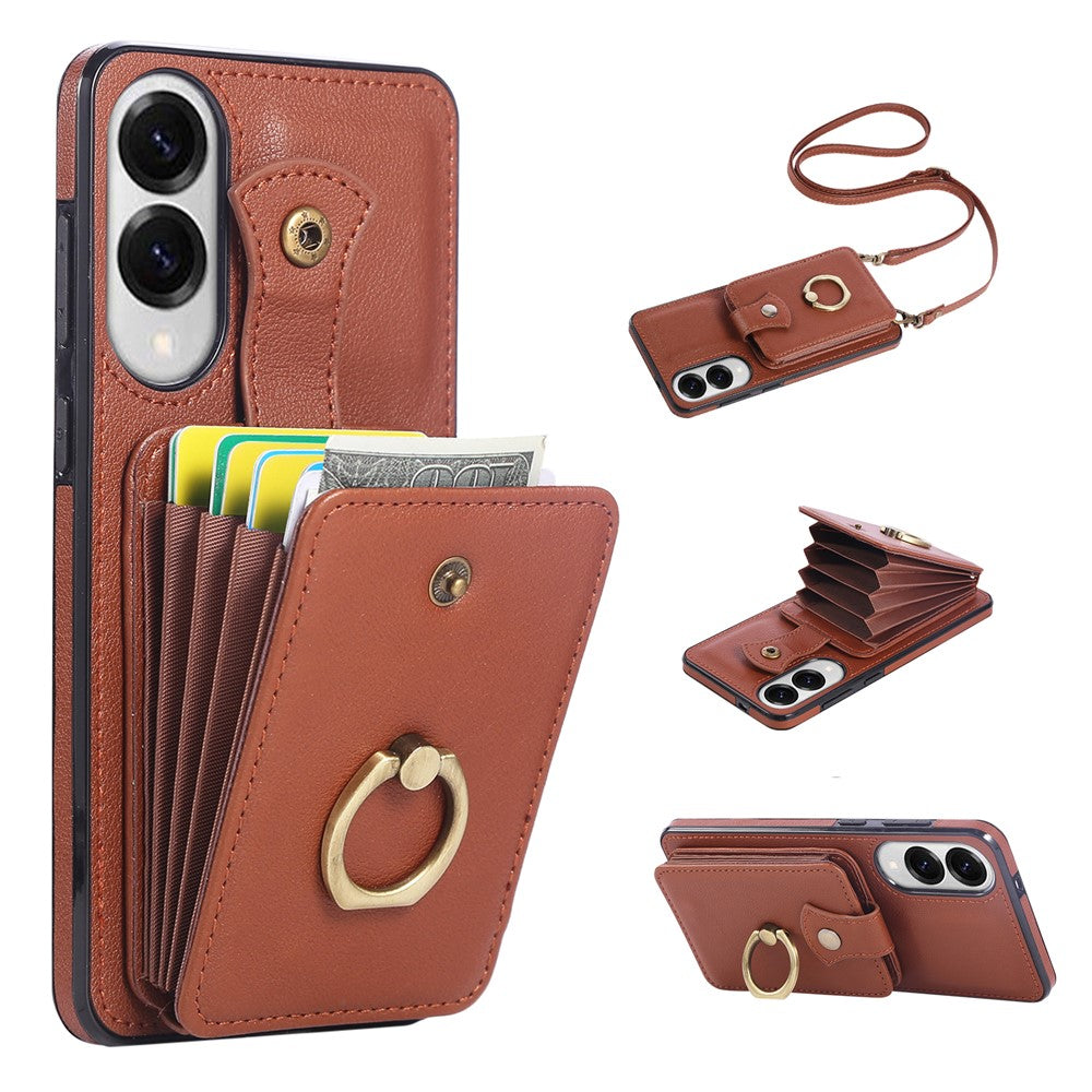 For Samsung Galaxy S25 Edge Case Card Holder Ring Kickstand TPU + PU Leather Phone Cover with Long Strap