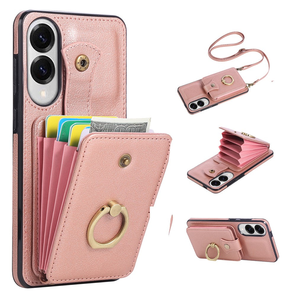For Samsung Galaxy S25 Edge Case Card Holder Ring Kickstand TPU + PU Leather Phone Cover with Long Strap