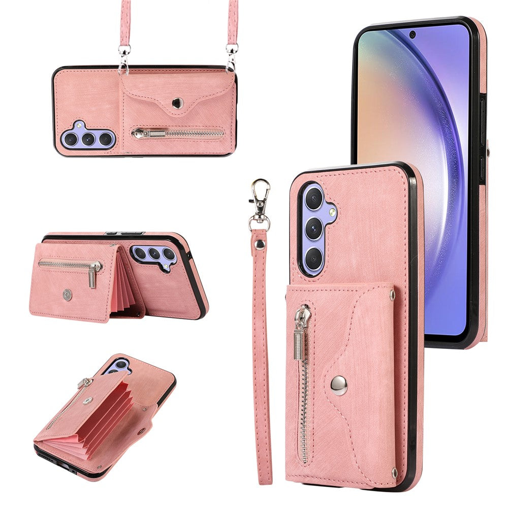 Samsung Galaxy A15 4G / 5G-etui i PU-læder + TPU, RFID-blokerende kortholder, mobilcover med 2 remme