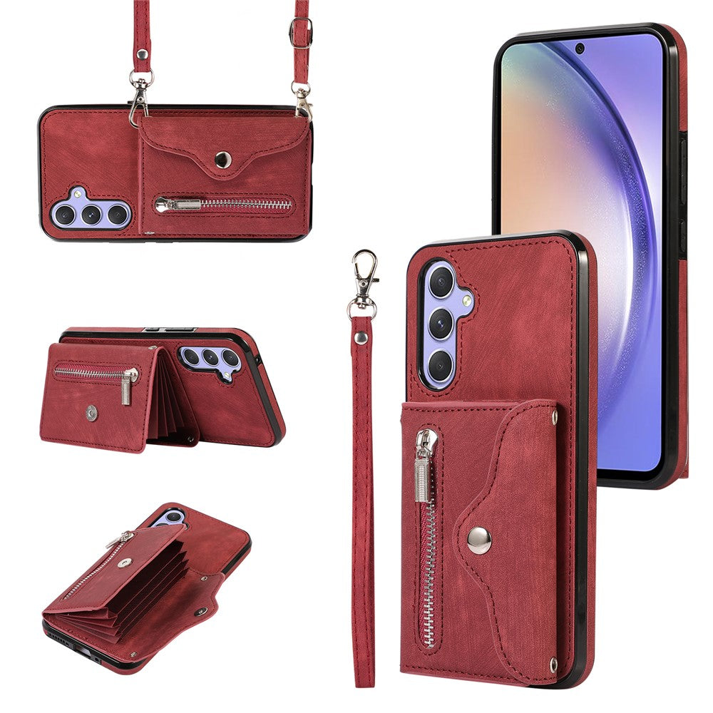 Samsung Galaxy A15 4G / 5G-etui i PU-læder + TPU, RFID-blokerende kortholder, mobilcover med 2 remme