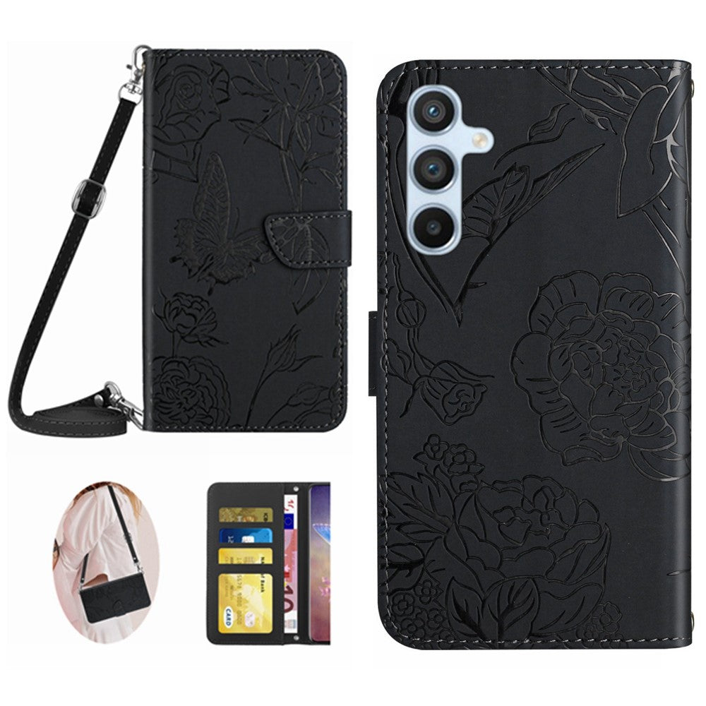 Til Samsung Galaxy A17 5G / A17 4G / A26 5G Etui Sommerfugleblomst Præget Læder Telefoncover med Skulderrem