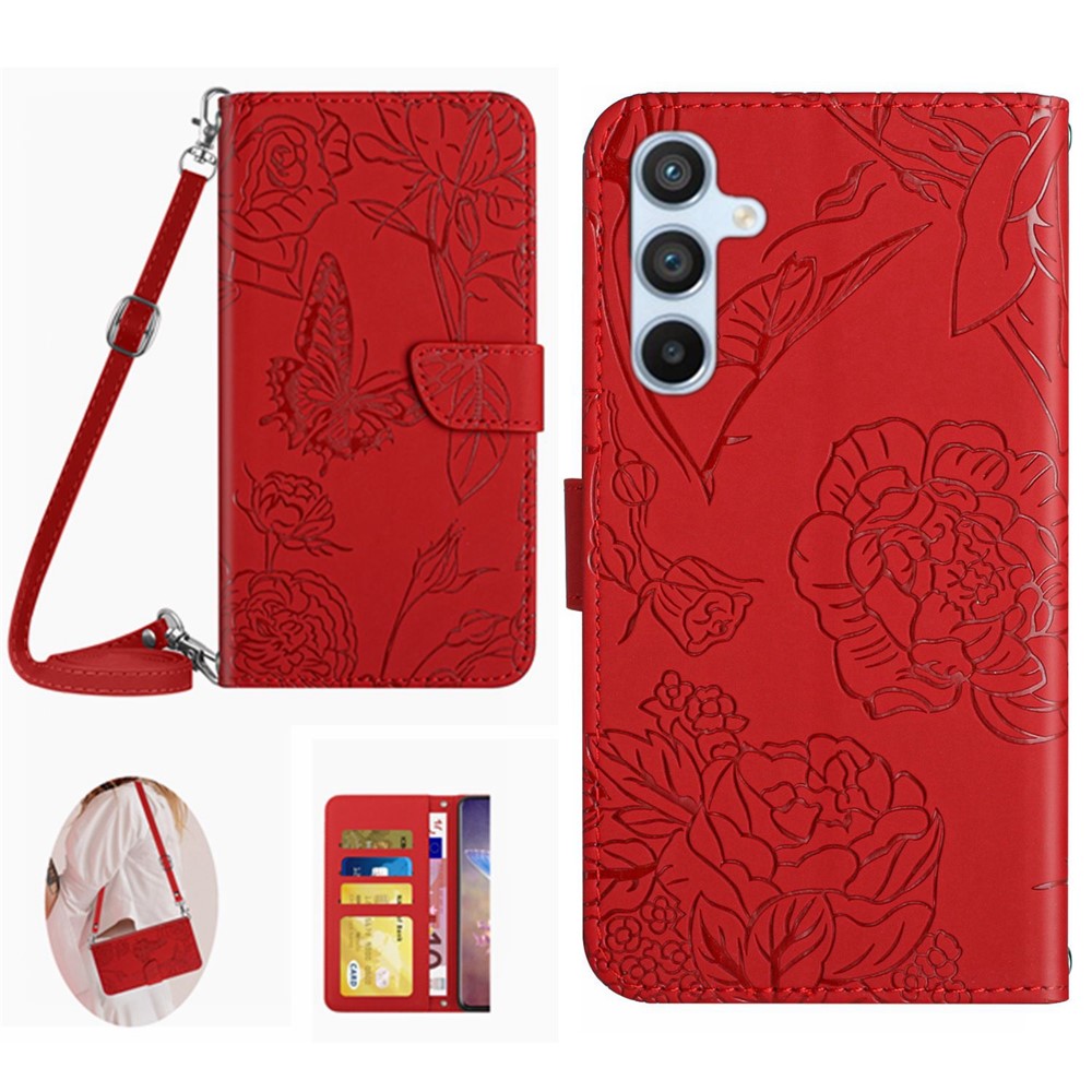 Til Samsung Galaxy A17 5G / A17 4G / A26 5G Etui Sommerfugleblomst Præget Læder Telefoncover med Skulderrem