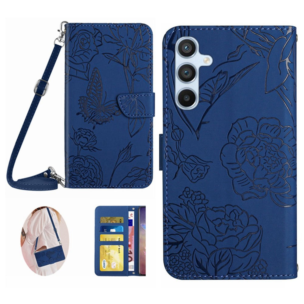 Til Samsung Galaxy A17 5G / A17 4G / A26 5G Etui Sommerfugleblomst Præget Læder Telefoncover med Skulderrem