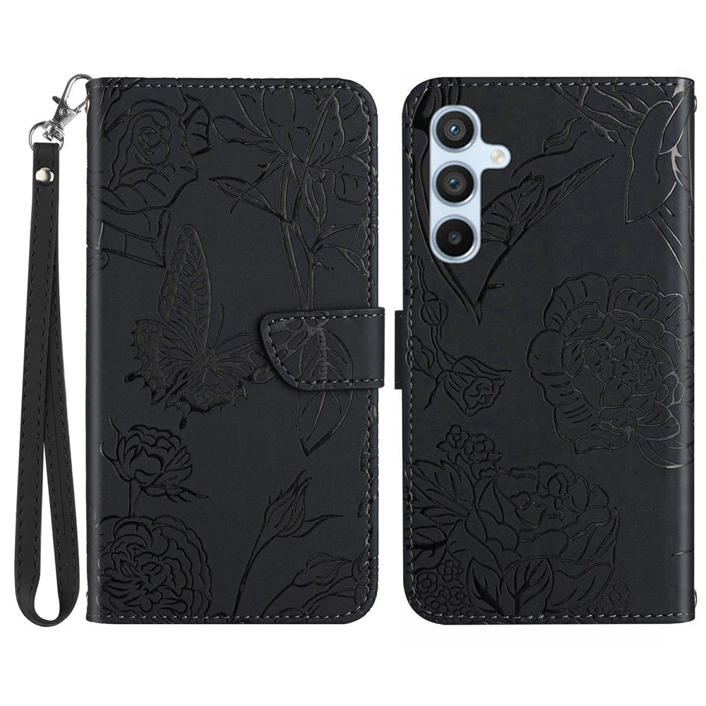Til Samsung Galaxy A17 5G / A17 4G / A26 5G etui Butterfly Flower præget læder telefoncover med rem