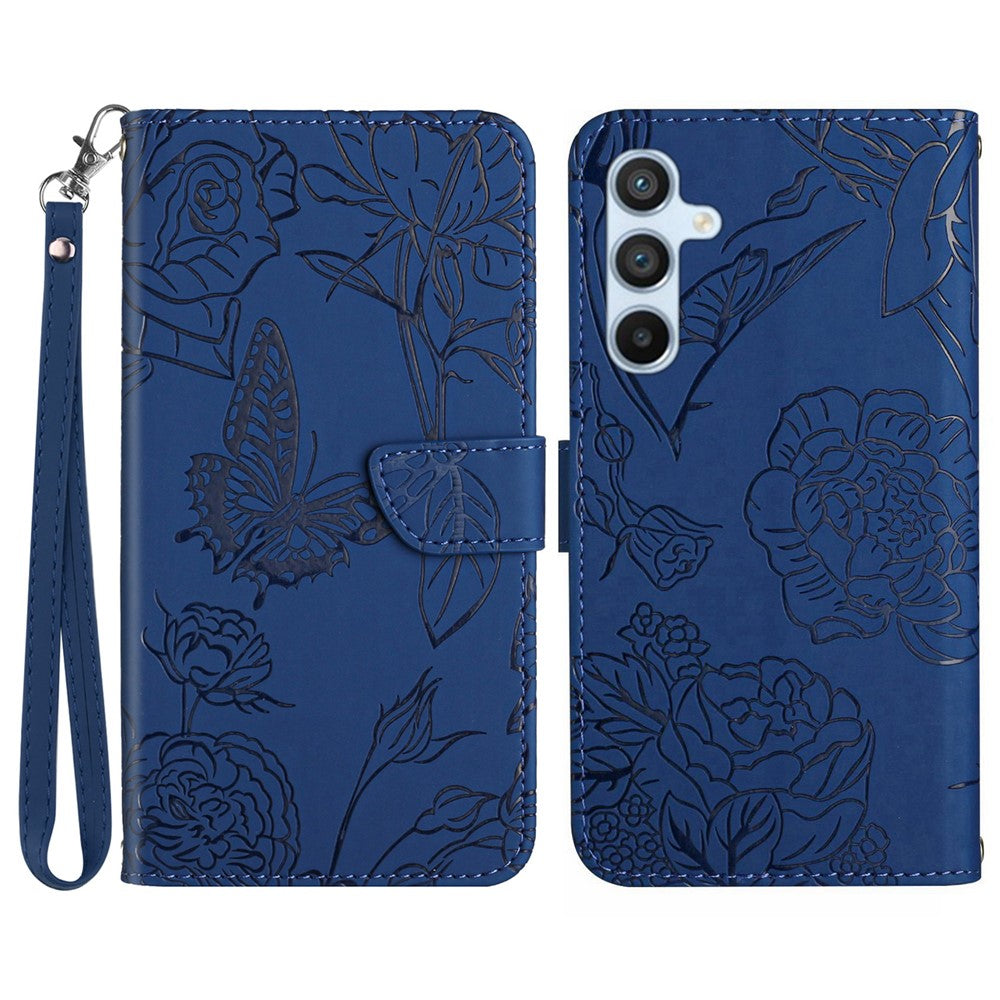 Til Samsung Galaxy A17 5G / A17 4G / A26 5G etui Butterfly Flower præget læder telefoncover med rem