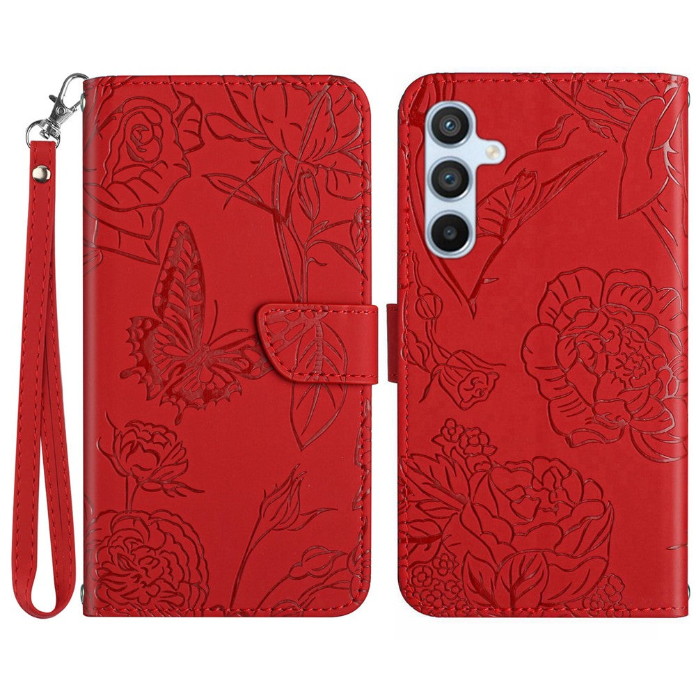 Til Samsung Galaxy A17 5G / A17 4G / A26 5G etui Butterfly Flower præget læder telefoncover med rem