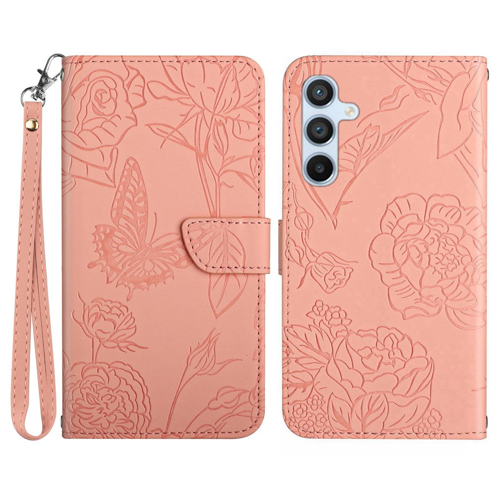 Til Samsung Galaxy A17 5G / A17 4G / A26 5G etui Butterfly Flower præget læder telefoncover med rem