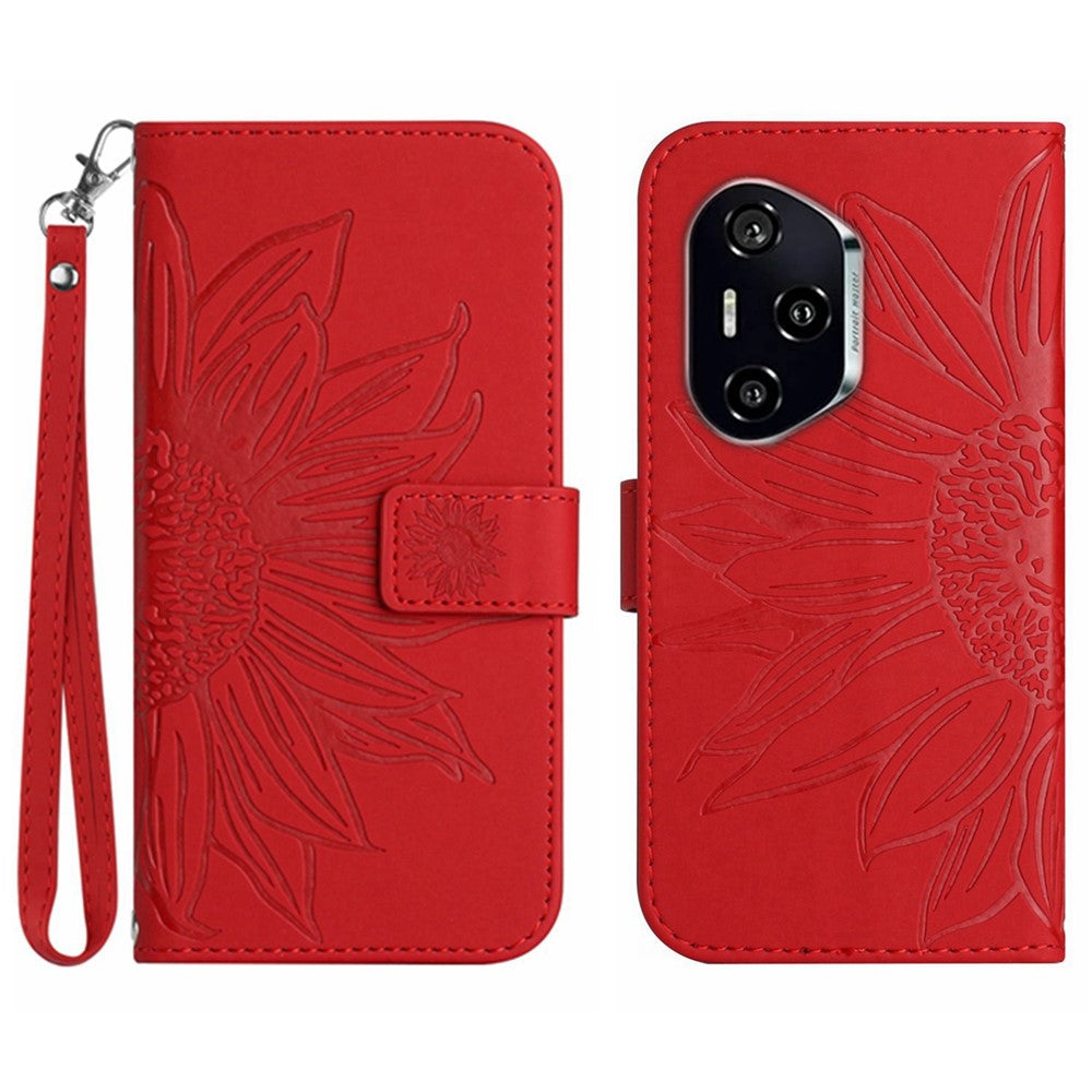 For Honor 400 Pro 5G (Global) Cover Solrosmønstret Læderpung Telefoncover med Håndledsrem