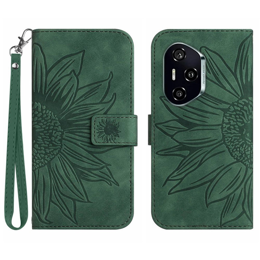For Honor 400 Pro 5G (Global) Cover Solrosmønstret Læderpung Telefoncover med Håndledsrem