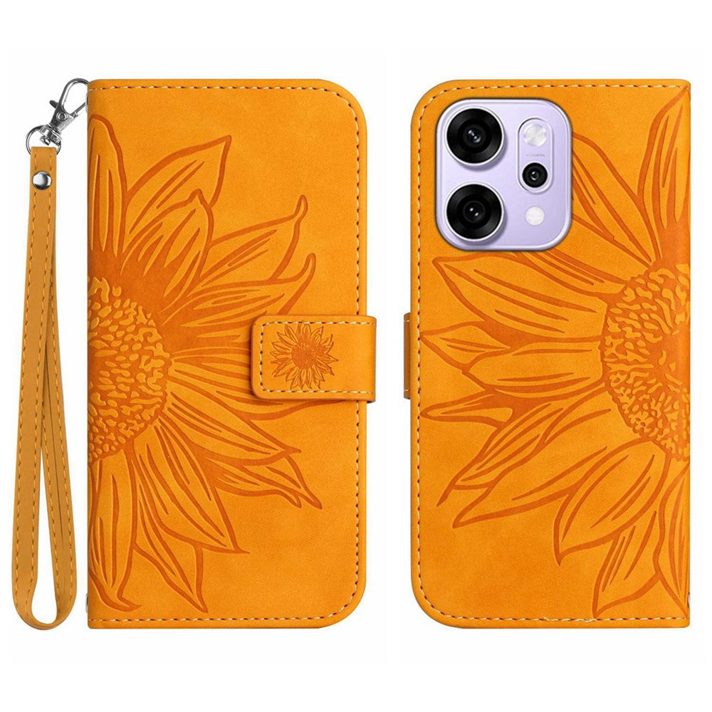 For Oppo Reno14 Pro 5G (Global) Case Sunflower Imprint Leather Wallet Phone Cover with Wrist Strap