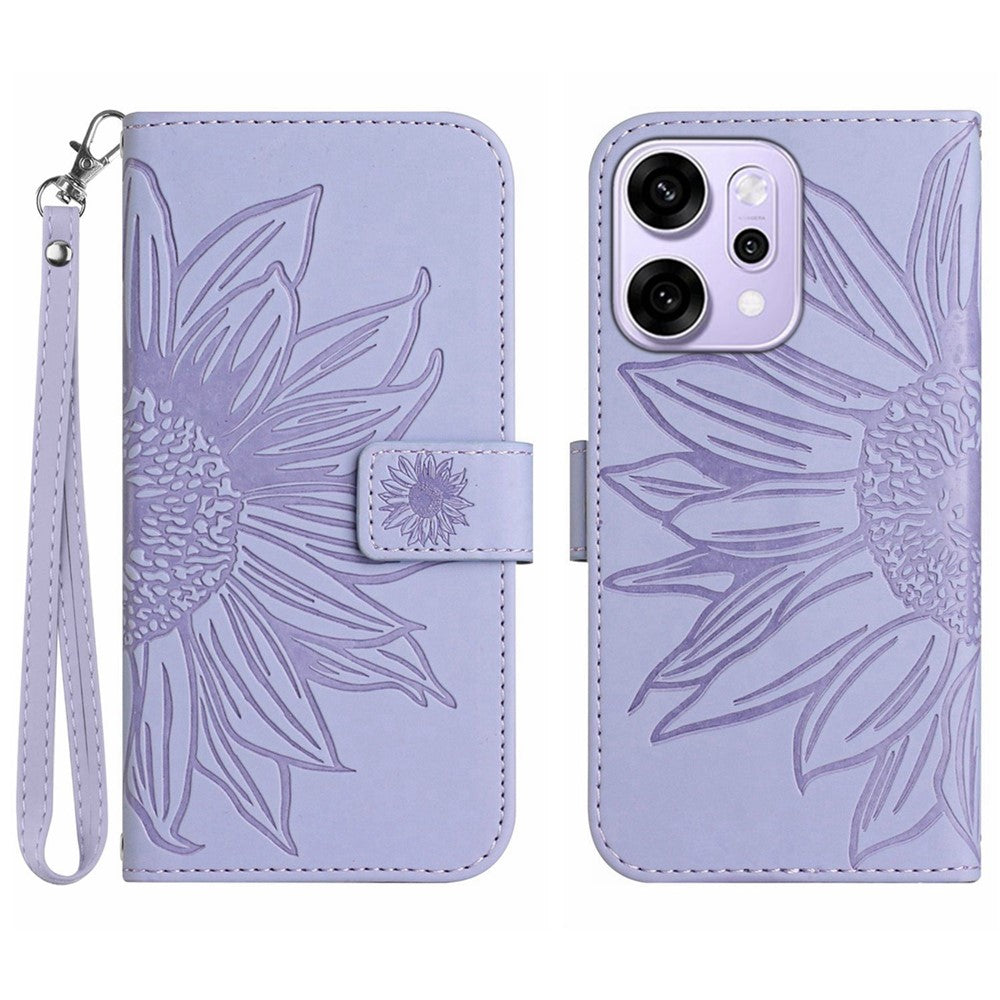 For Oppo Reno14 Pro 5G (Global) Case Sunflower Imprint Leather Wallet Phone Cover with Wrist Strap