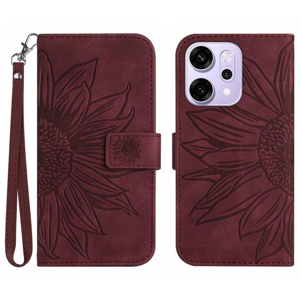 For Oppo Reno14 Pro 5G (Global) Case Sunflower Imprint Leather Wallet Phone Cover with Wrist Strap