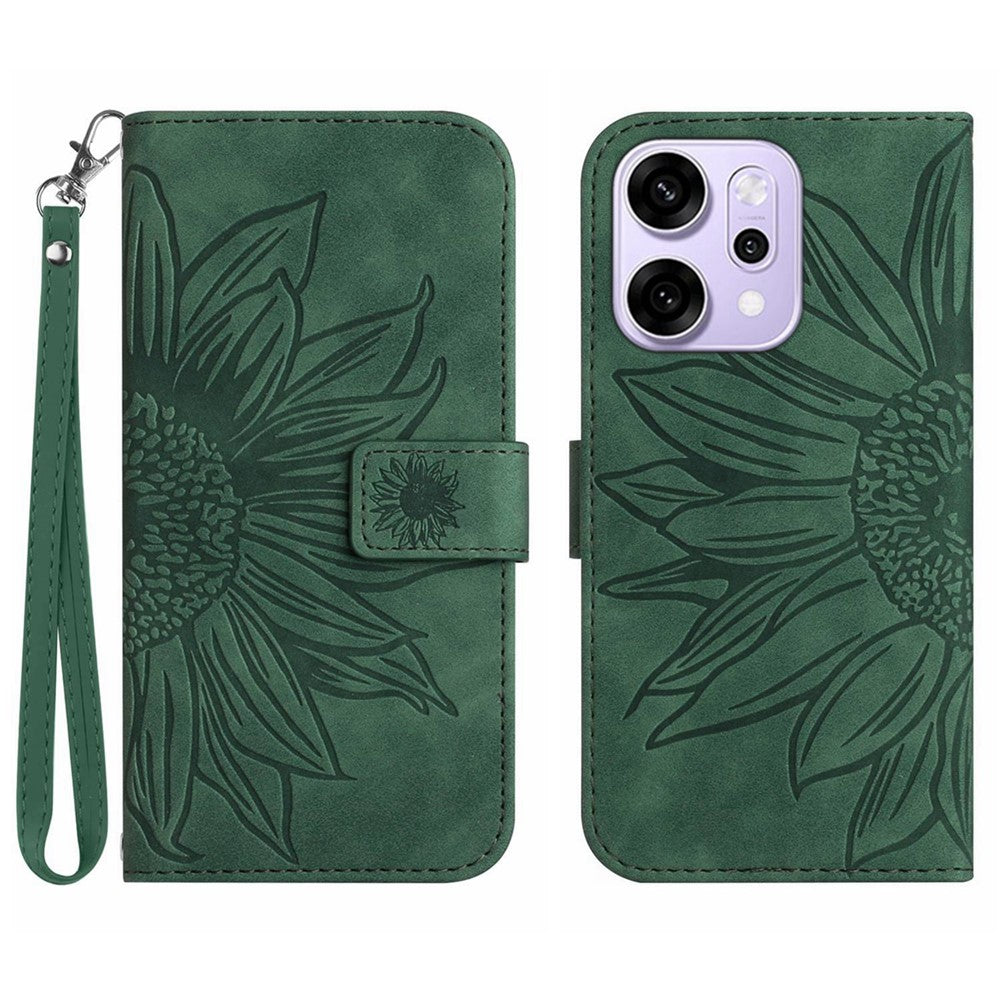 For Oppo Reno14 Pro 5G (Global) Case Sunflower Imprint Leather Wallet Phone Cover with Wrist Strap