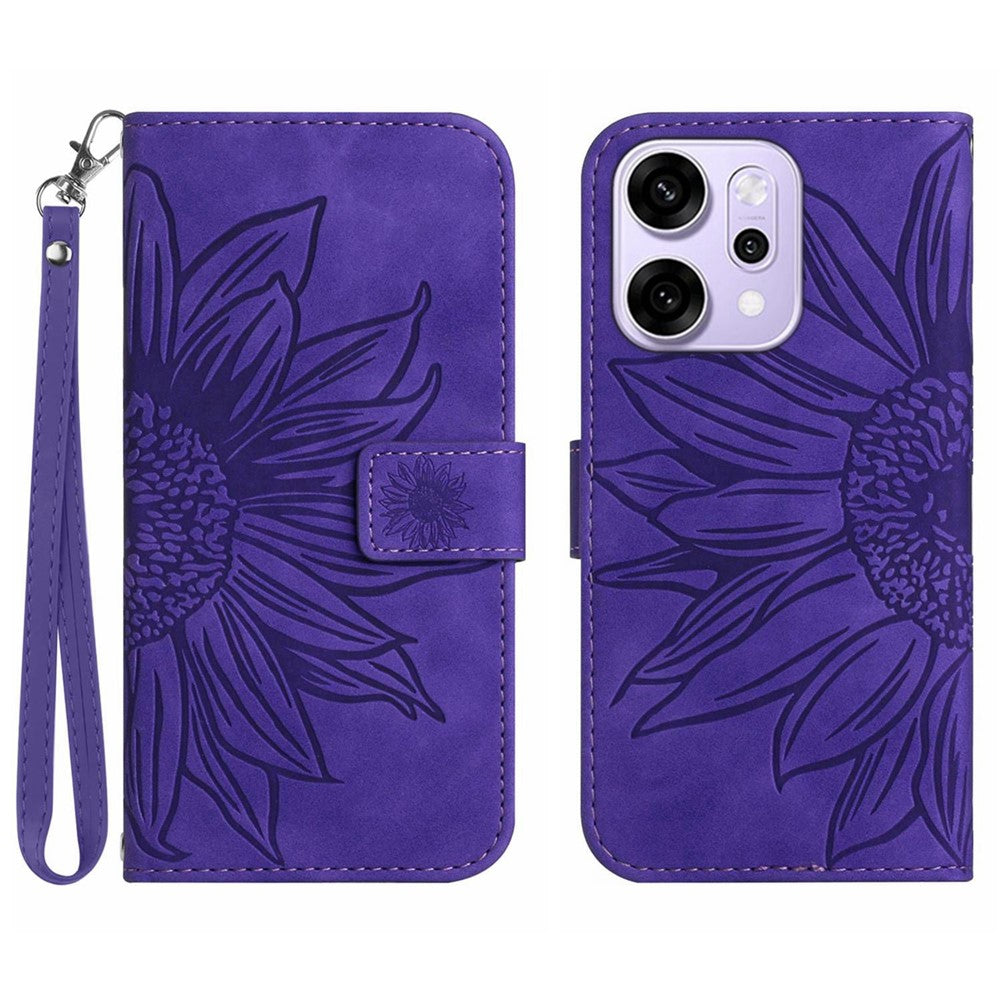 For Oppo Reno14 Pro 5G (Global) Case Sunflower Imprint Leather Wallet Phone Cover with Wrist Strap