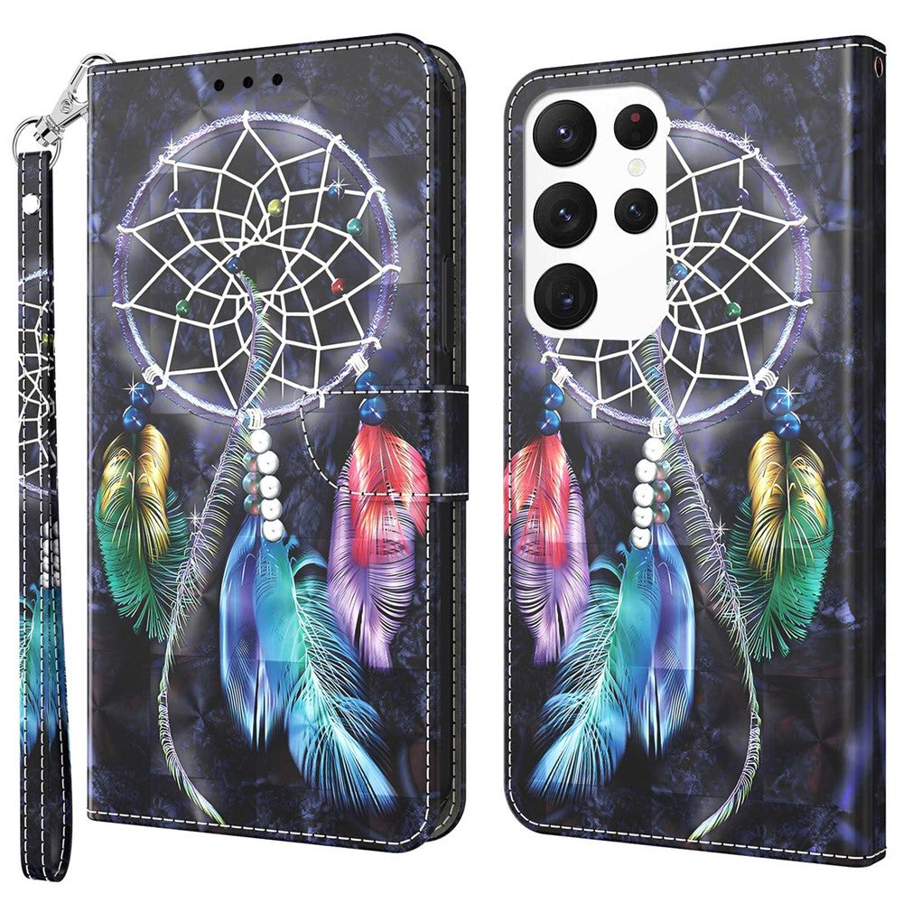 For Samsung Galaxy S23 Ultra PU Leather Wallet Case 3D Pattern Printing Shockproof Phone Stand Cover with Wrist Strap