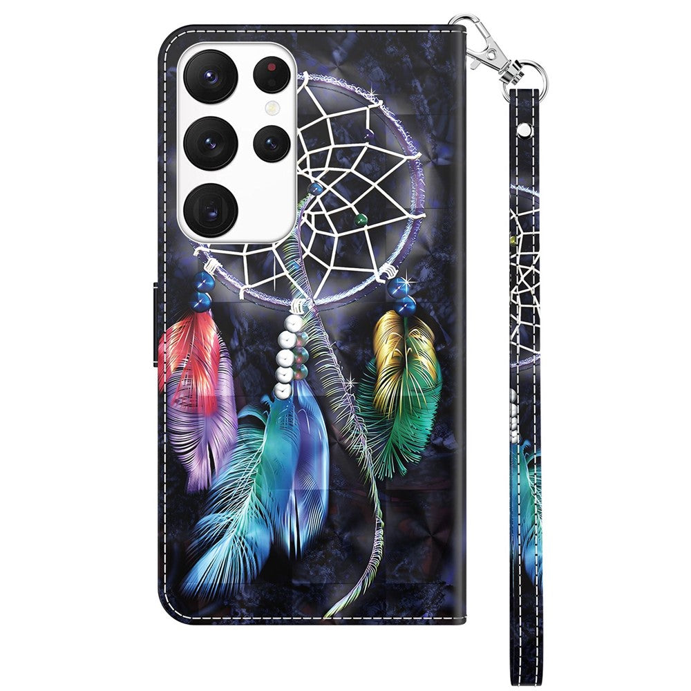 For Samsung Galaxy S23 Ultra PU Leather Wallet Case 3D Pattern Printing Shockproof Phone Stand Cover with Wrist Strap