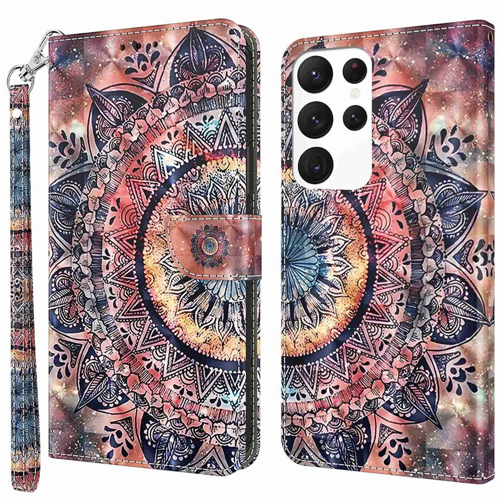 For Samsung Galaxy S23 Ultra PU Leather Wallet Case 3D Pattern Printing Shockproof Phone Stand Cover with Wrist Strap