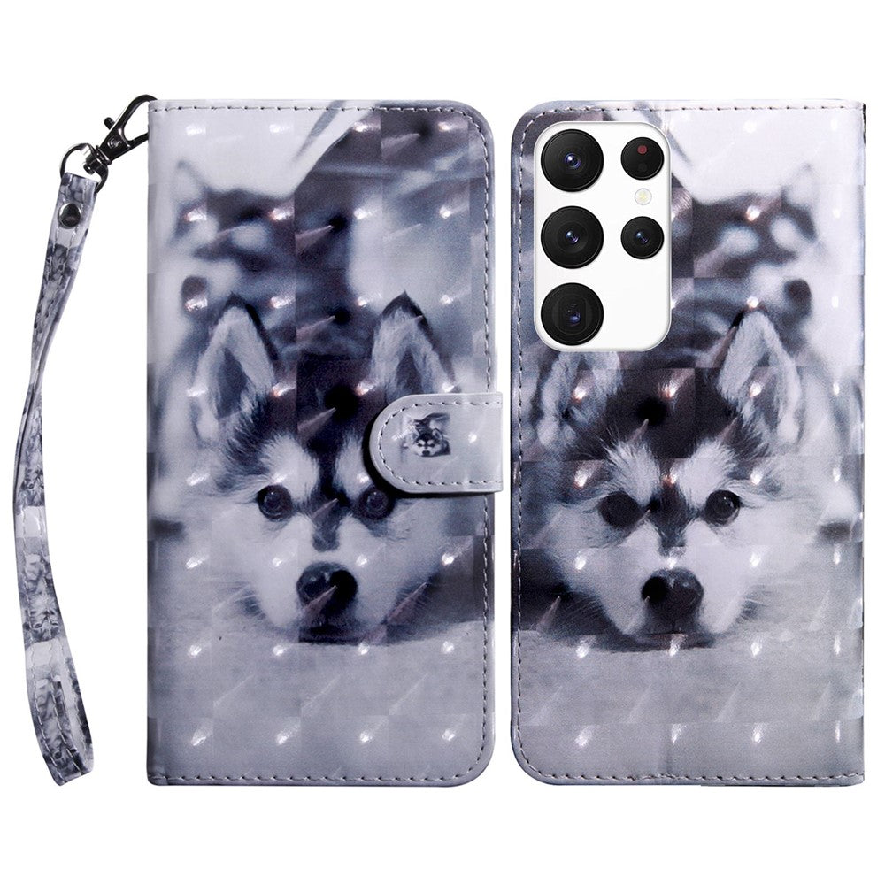 For Samsung Galaxy S23 Ultra PU Leather Wallet Case 3D Pattern Printing Shockproof Phone Stand Cover with Wrist Strap