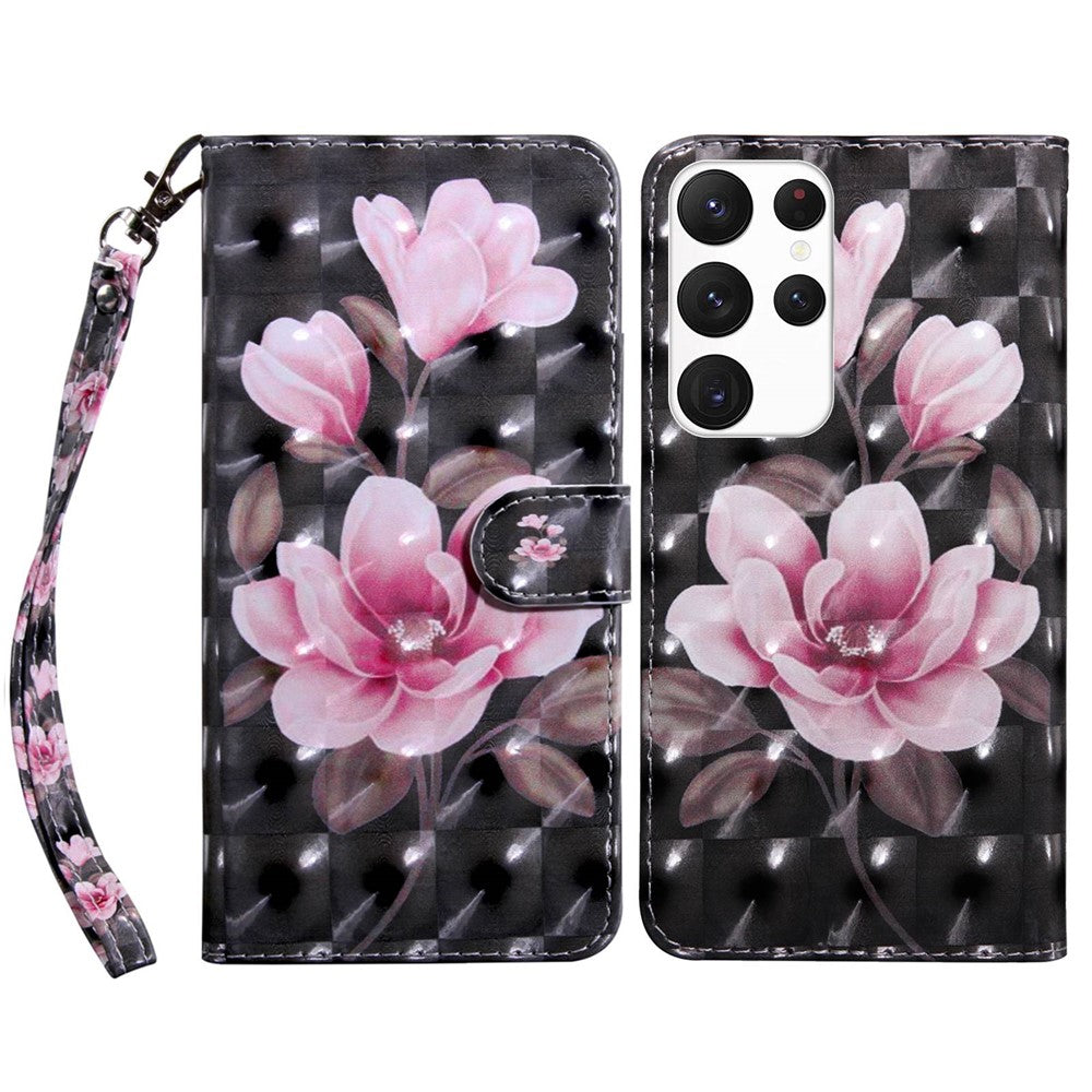 For Samsung Galaxy S23 Ultra PU Leather Wallet Case 3D Pattern Printing Shockproof Phone Stand Cover with Wrist Strap