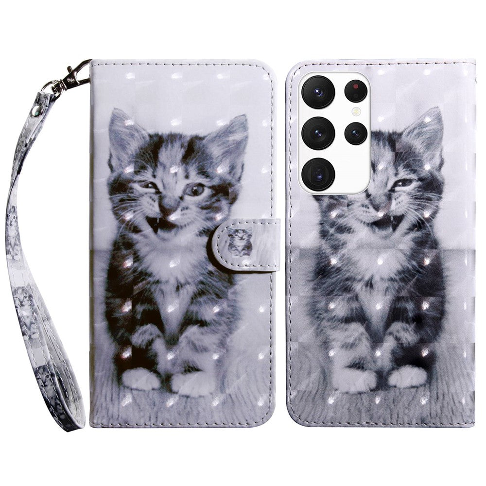 For Samsung Galaxy S23 Ultra PU Leather Wallet Case 3D Pattern Printing Shockproof Phone Stand Cover with Wrist Strap