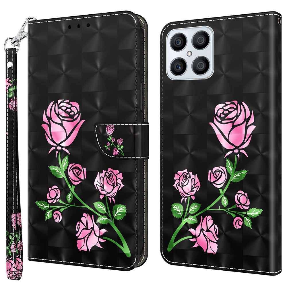 For Honor X8 4G 4G PU Leather 3D Pattern Printing Anti-drop Case Magnetic Clasp Phone Stand Wallet Cover with Strap
