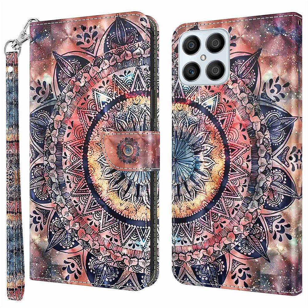 For Honor X8 4G 4G PU Leather 3D Pattern Printing Anti-drop Case Magnetic Clasp Phone Stand Wallet Cover with Strap