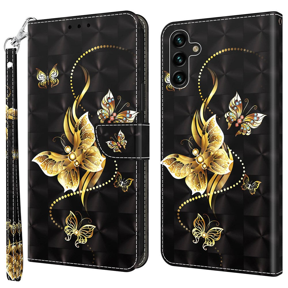 Samsung Galaxy A14 5G / A14 4G PU-läderfodral med 3D-mönstertryck och plånboksfodral med handledsrem