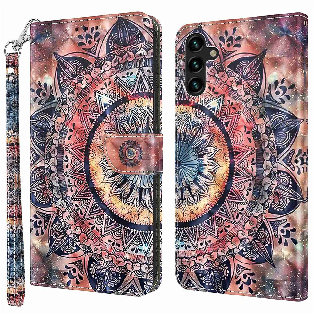 Samsung Galaxy A14 5G / A14 4G PU-läderfodral med 3D-mönstertryck och plånboksfodral med handledsrem
