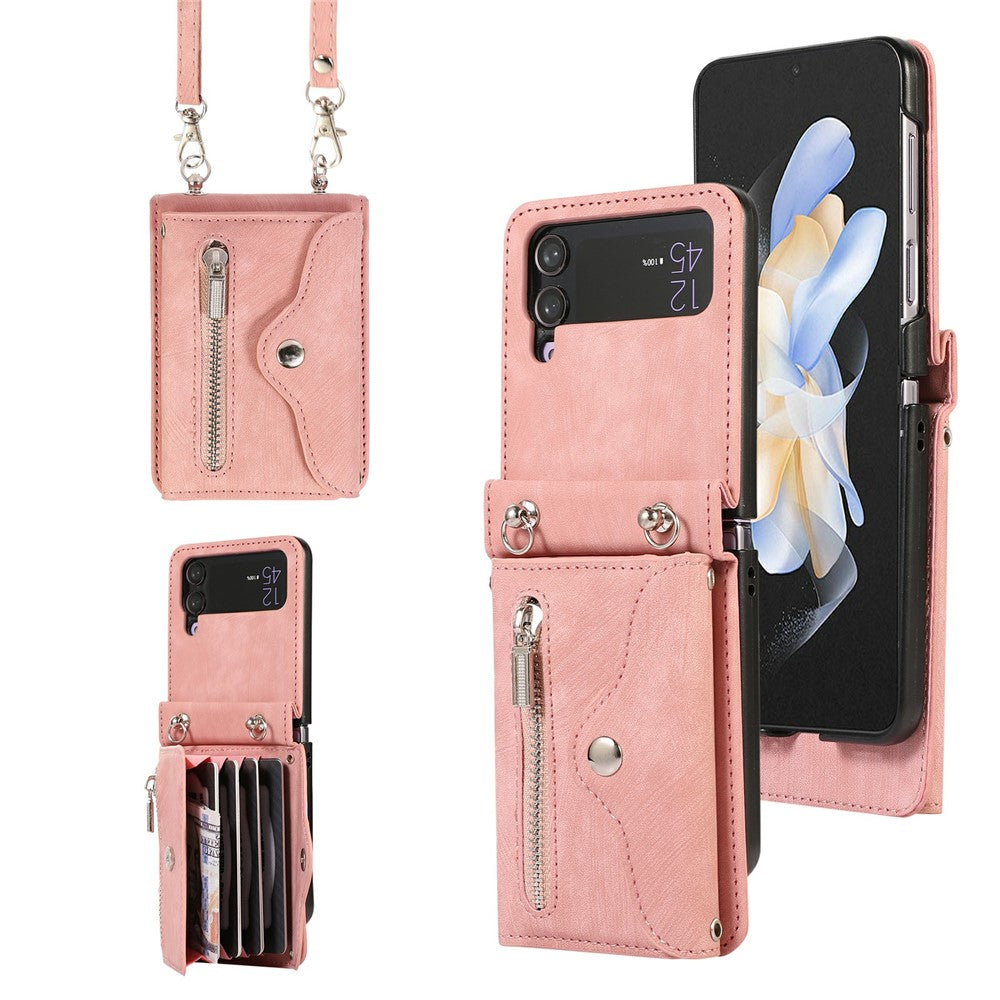 For Samsung Galaxy Z Flip4 5G Case PU Leather + TPU RFID Blocking Card Slots Phone Cover with 2 Straps