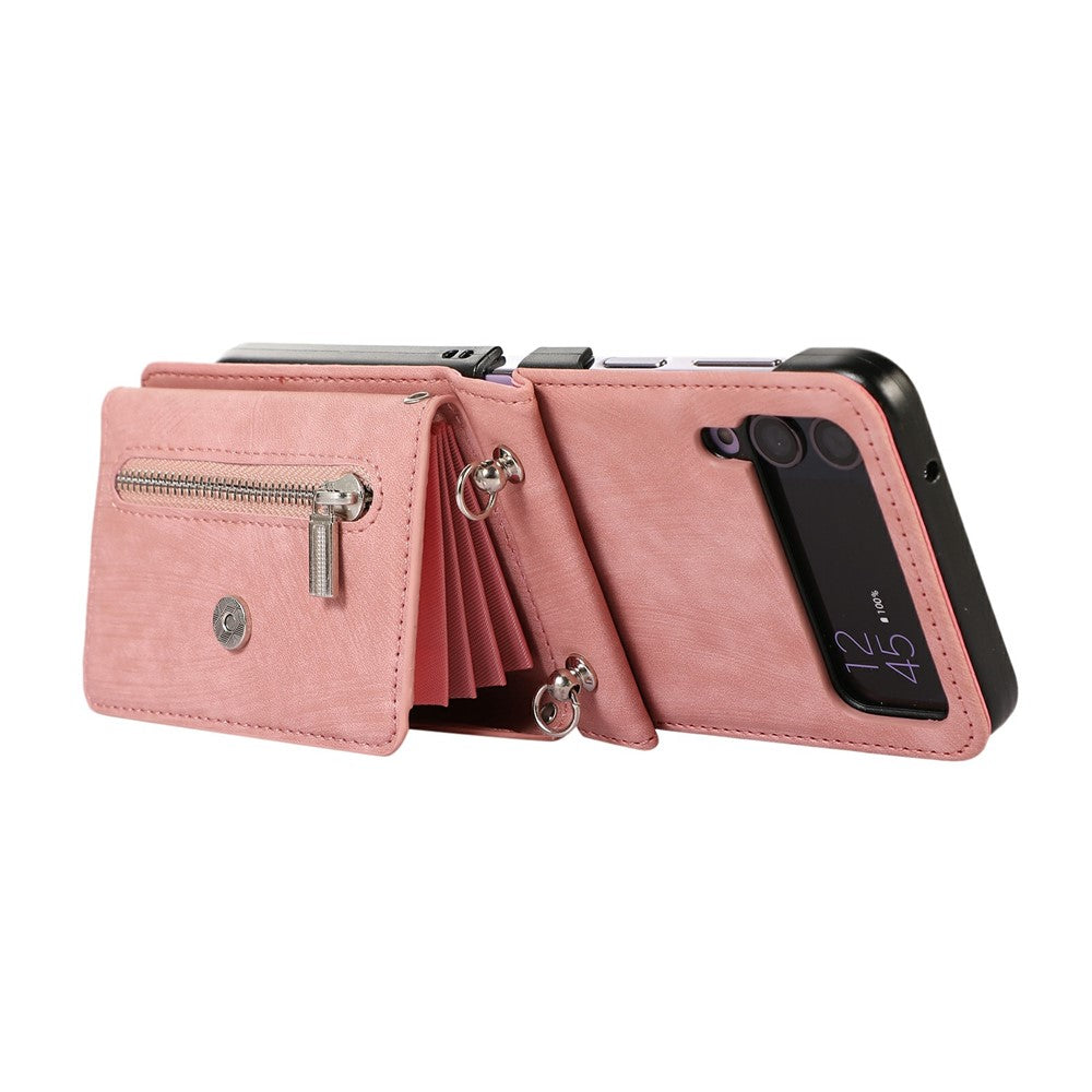 For Samsung Galaxy Z Flip4 5G Case PU Leather + TPU RFID Blocking Card Slots Phone Cover with 2 Straps