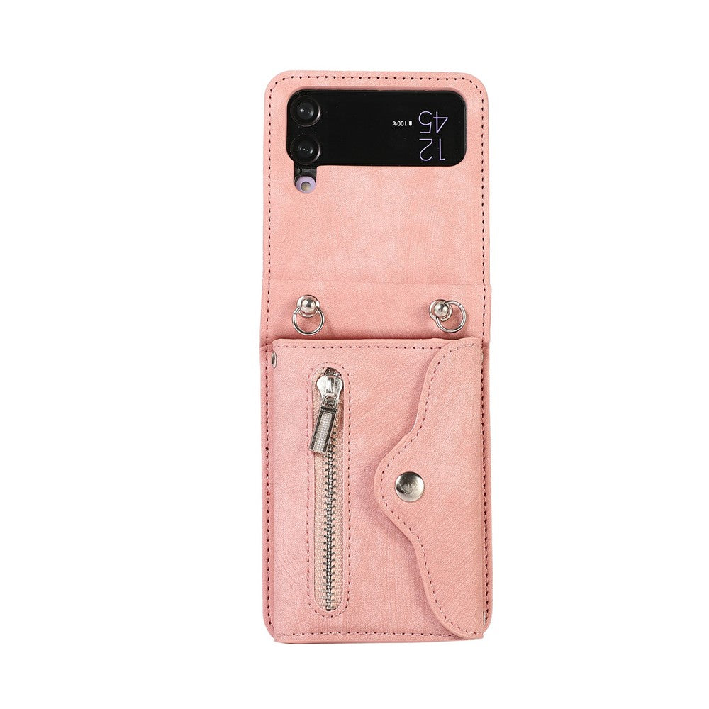 For Samsung Galaxy Z Flip4 5G Case PU Leather + TPU RFID Blocking Card Slots Phone Cover with 2 Straps