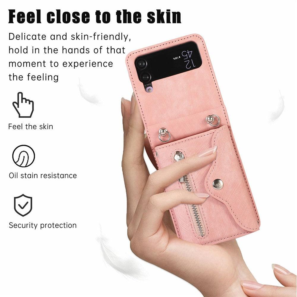 For Samsung Galaxy Z Flip4 5G Case PU Leather + TPU RFID Blocking Card Slots Phone Cover with 2 Straps