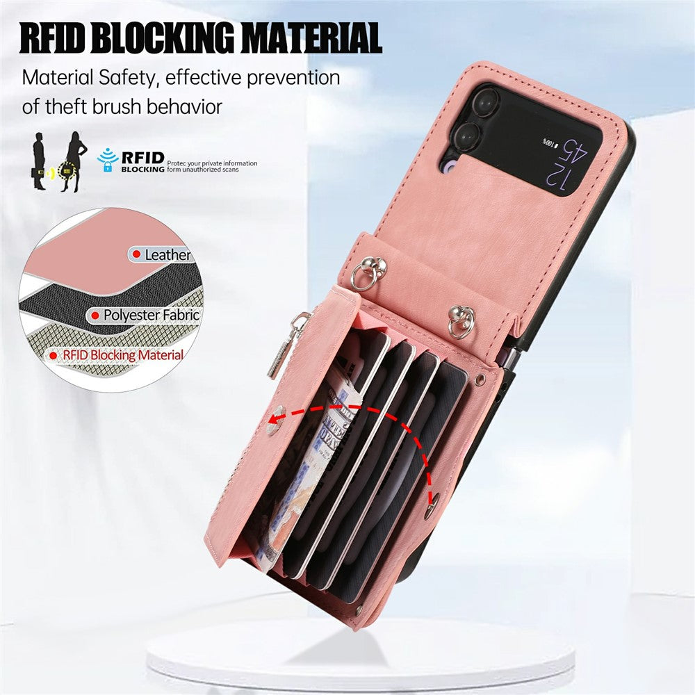 For Samsung Galaxy Z Flip4 5G Case PU Leather + TPU RFID Blocking Card Slots Phone Cover with 2 Straps