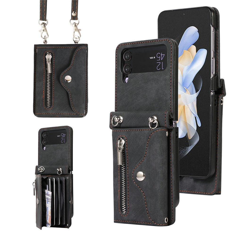 For Samsung Galaxy Z Flip4 5G Case PU Leather + TPU RFID Blocking Card Slots Phone Cover with 2 Straps