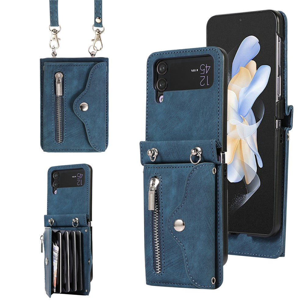 For Samsung Galaxy Z Flip4 5G Case PU Leather + TPU RFID Blocking Card Slots Phone Cover with 2 Straps